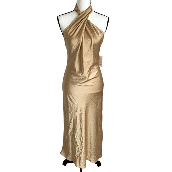 NWT Show Me Your Mumu Jasmine Halter Midi Dress in True Gold Luxe Satin - Picture 2 of 9